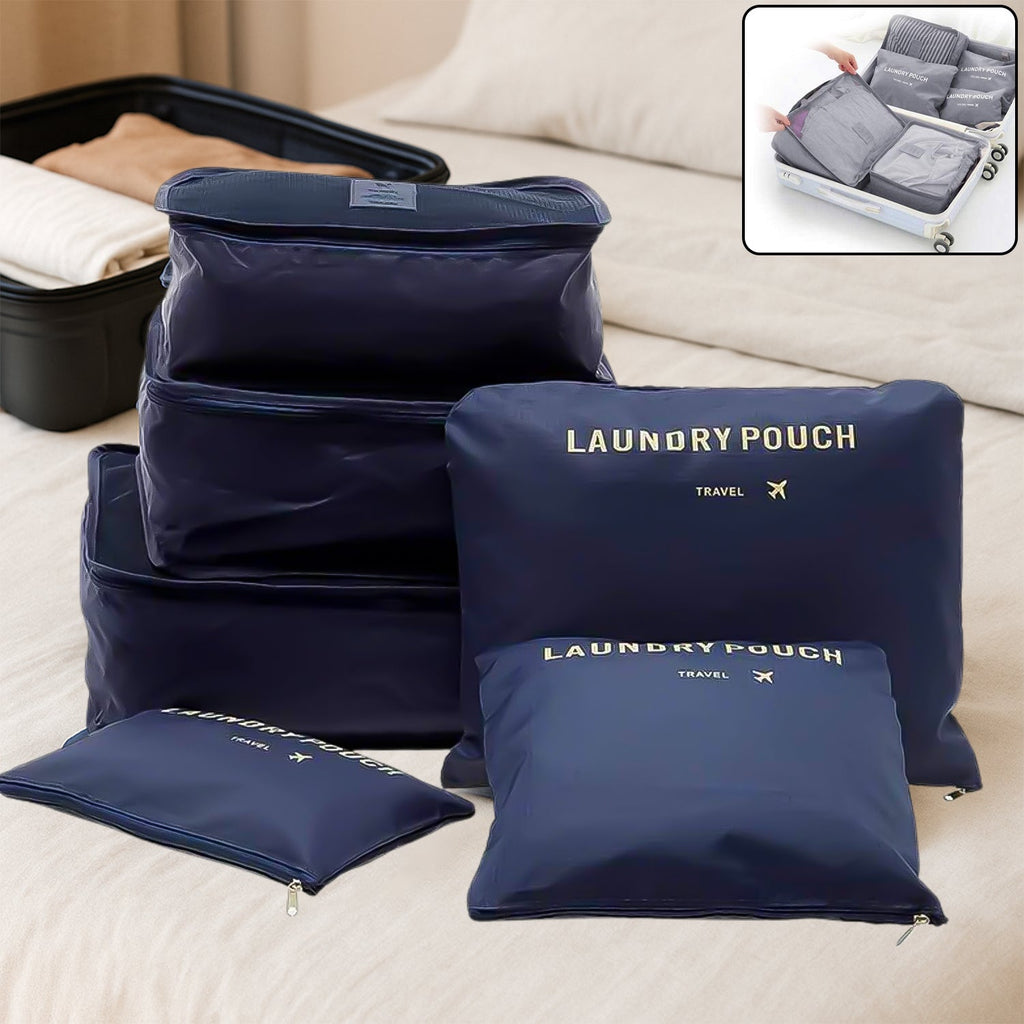 Cloth Organizer Pouch 6-piece set displayed for travel packing.