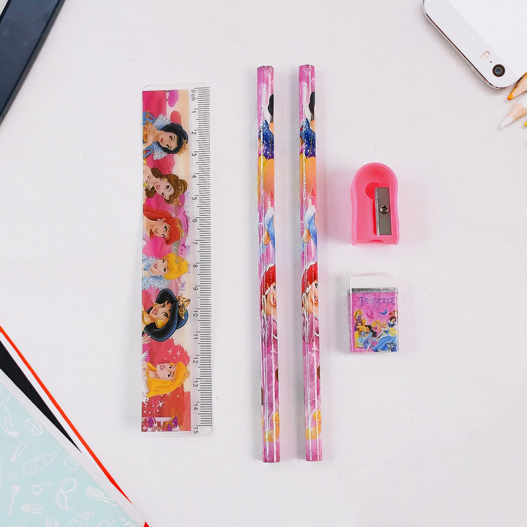 Close-up of the Cartoon Wooden Pencil Set showing a pencil, ruler, sharpener, and eraser.
