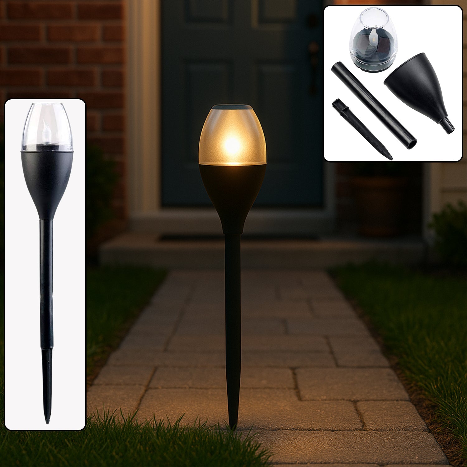 Close-up of solar panel on top of garden pathway LED light