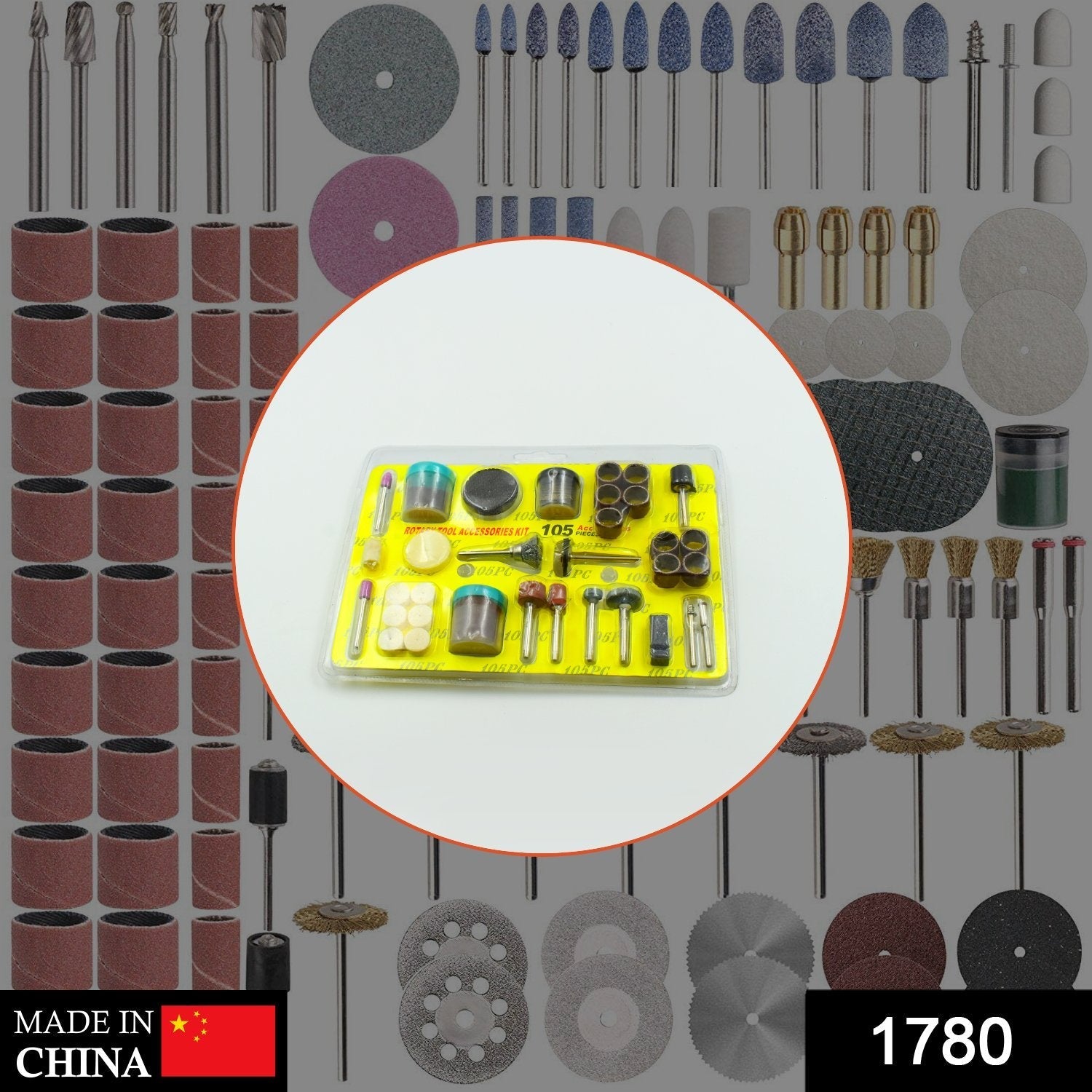 Close-up of assorted mini drill bits and grinding stones from the rotary tool accessory set, ideal for precision engraving.