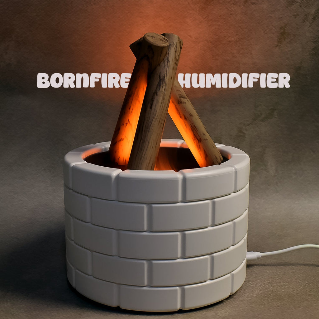Close-up of the Flame Diffuser showcasing the calming bonfire light and fine aromatherapy mist.