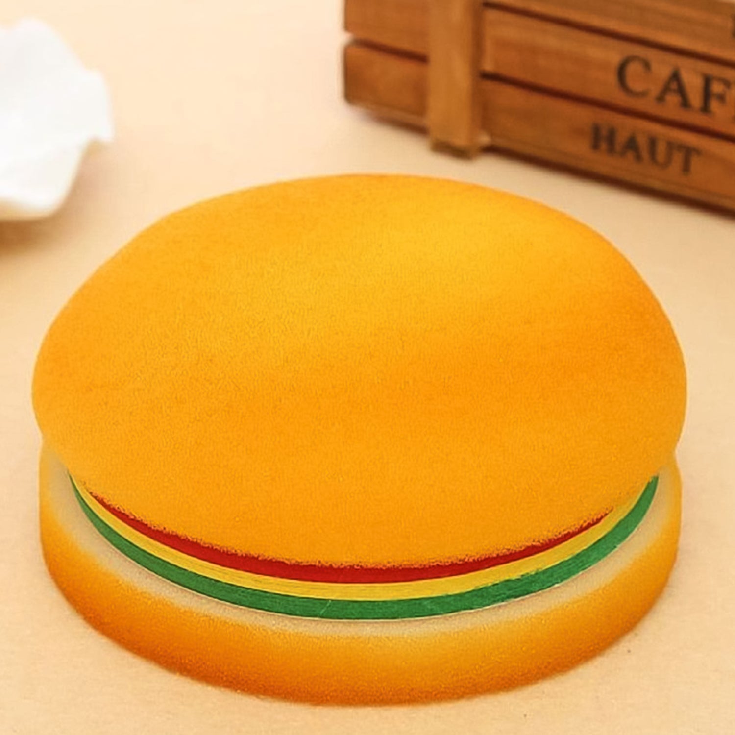 Close-up of burger-shaped sticky notes, showcasing their realistic design and vibrant colors.