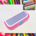 Vibrant cartoon pencil box with two compartments for kids' school supplies.