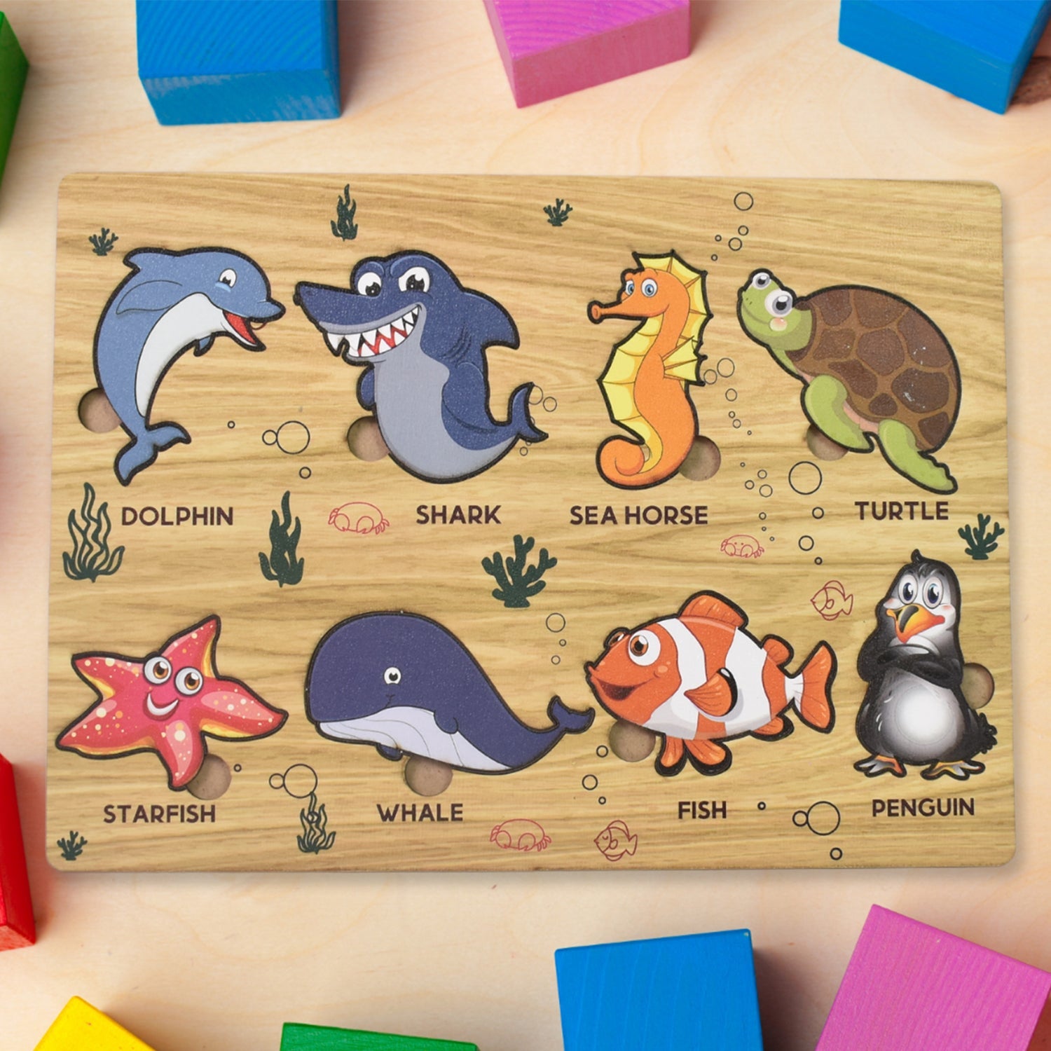 Wooden Sea Animal Puzzle board with vibrant ocean creatures for toddlers.