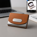 Premium leather business card holder with stainless steel base and brown PU leather