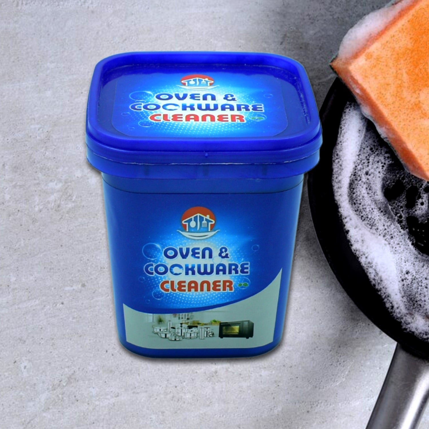 Oven Cleaner Powder in a white jar, ready for use with a cleaning sponge.