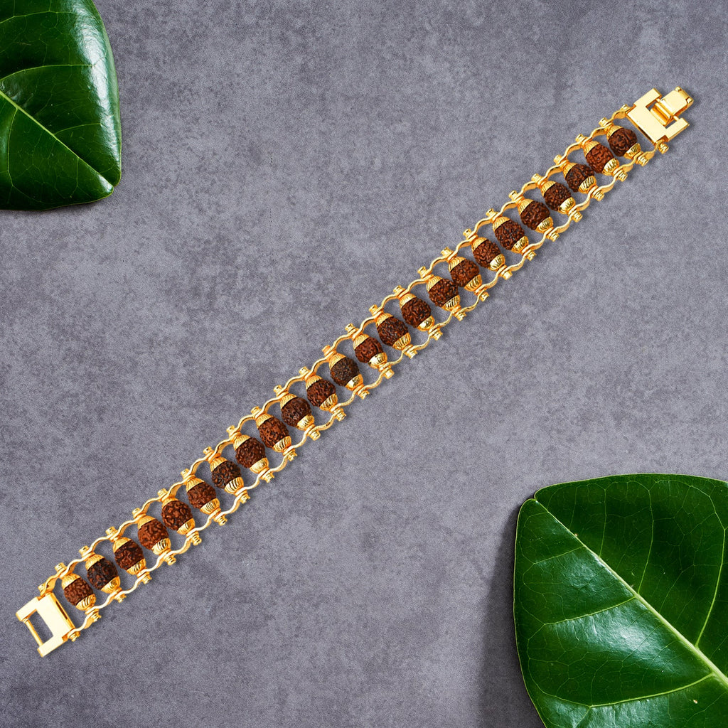 Close-up of a Golden Rudraksha Bracelet, highlighting the intricate bead details and golden accents.