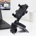 Universal mobile phone holder securely attached to car dashboard with clip mount