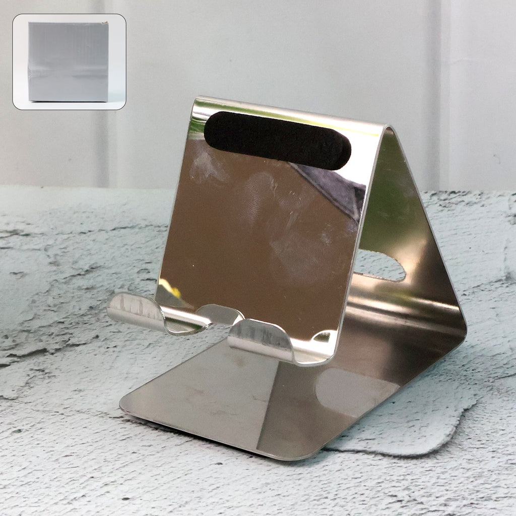 Universal stainless steel mobile and tablet stand holder front view with stable triangular design