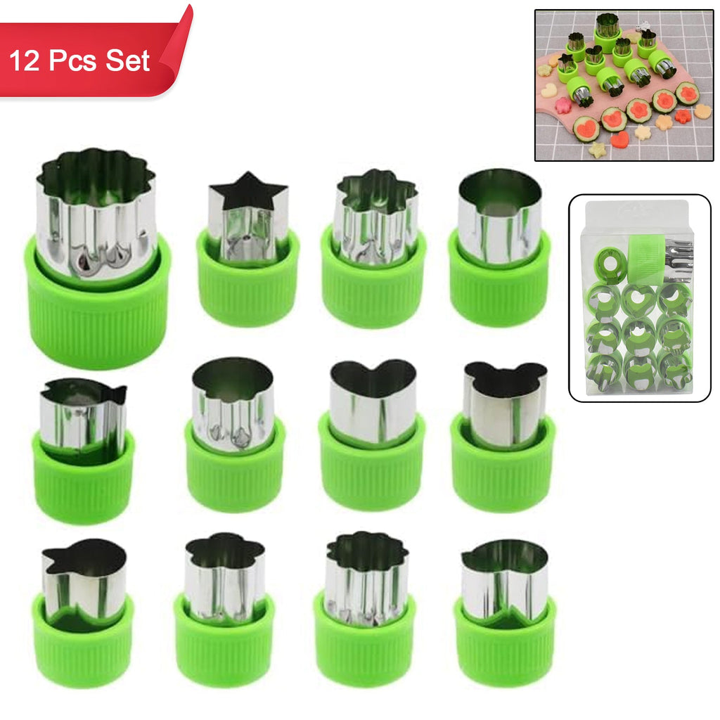 Complete 12-piece stainless steel cookie cutter set with various shapes for baking.