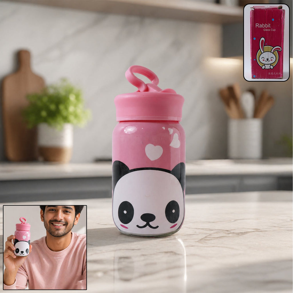 Cute cartoon printed glass drinking bottle with leak-resistant lid