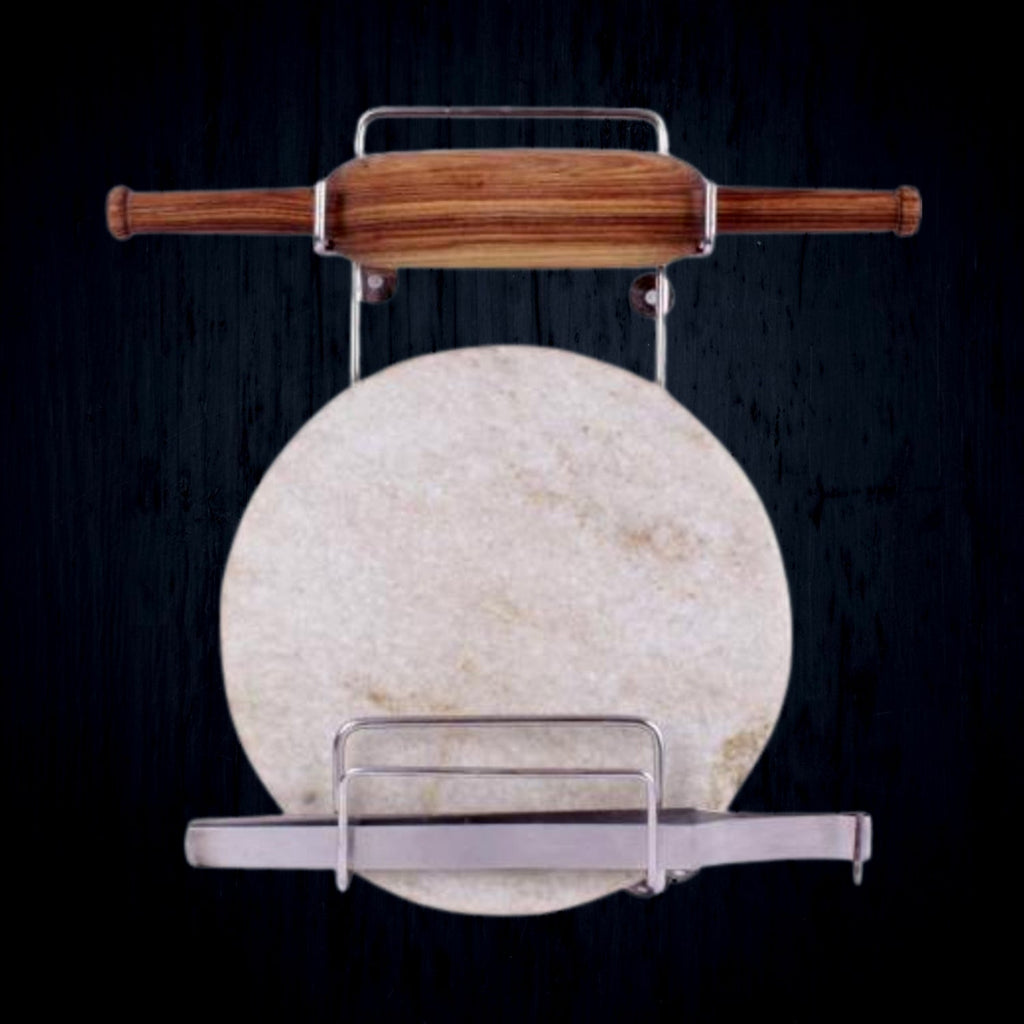 Elegant stainless steel stand securely holding a wooden rolling pin on a kitchen counter.