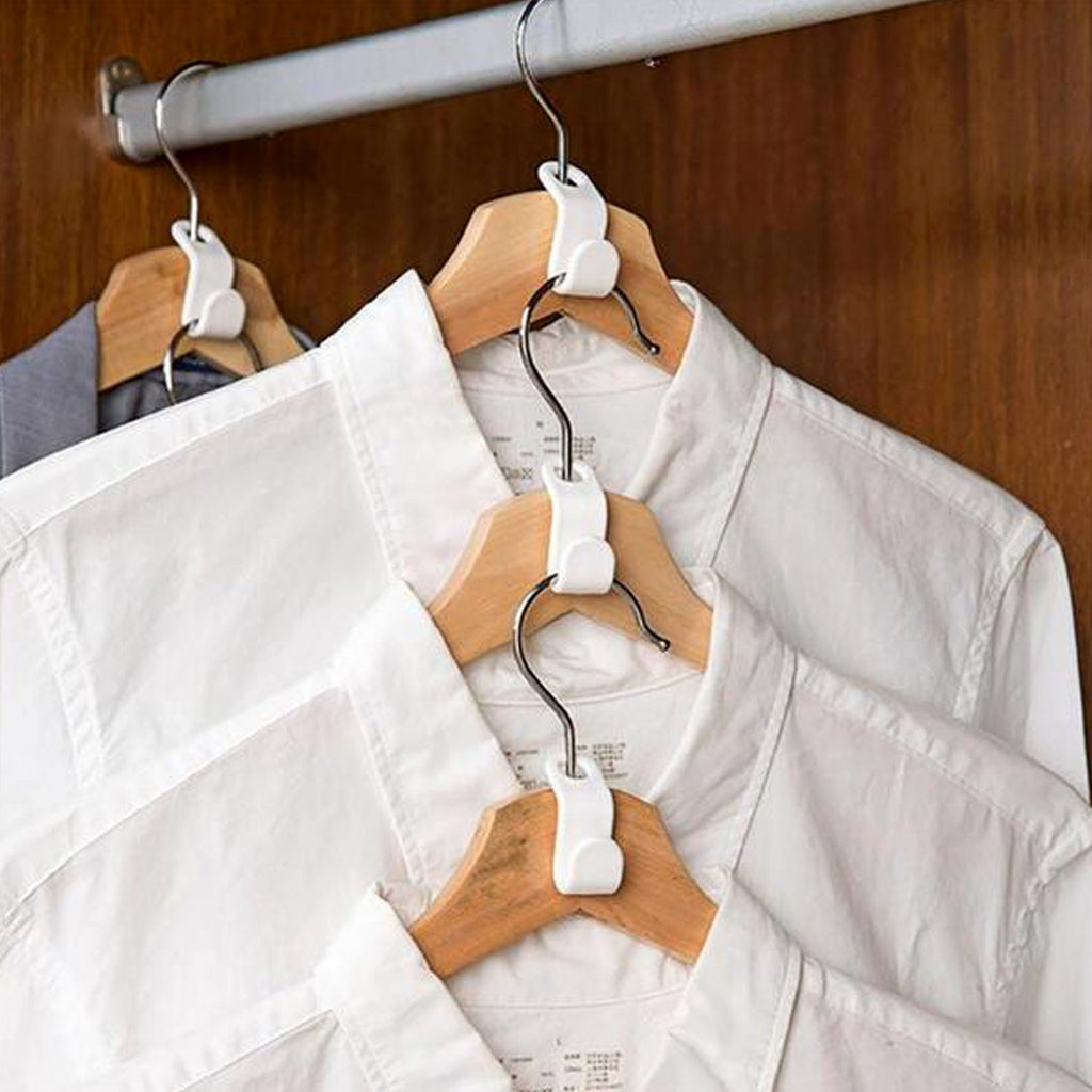 Hanger connector hook attached to a clothes hanger, demonstrating vertical storage.