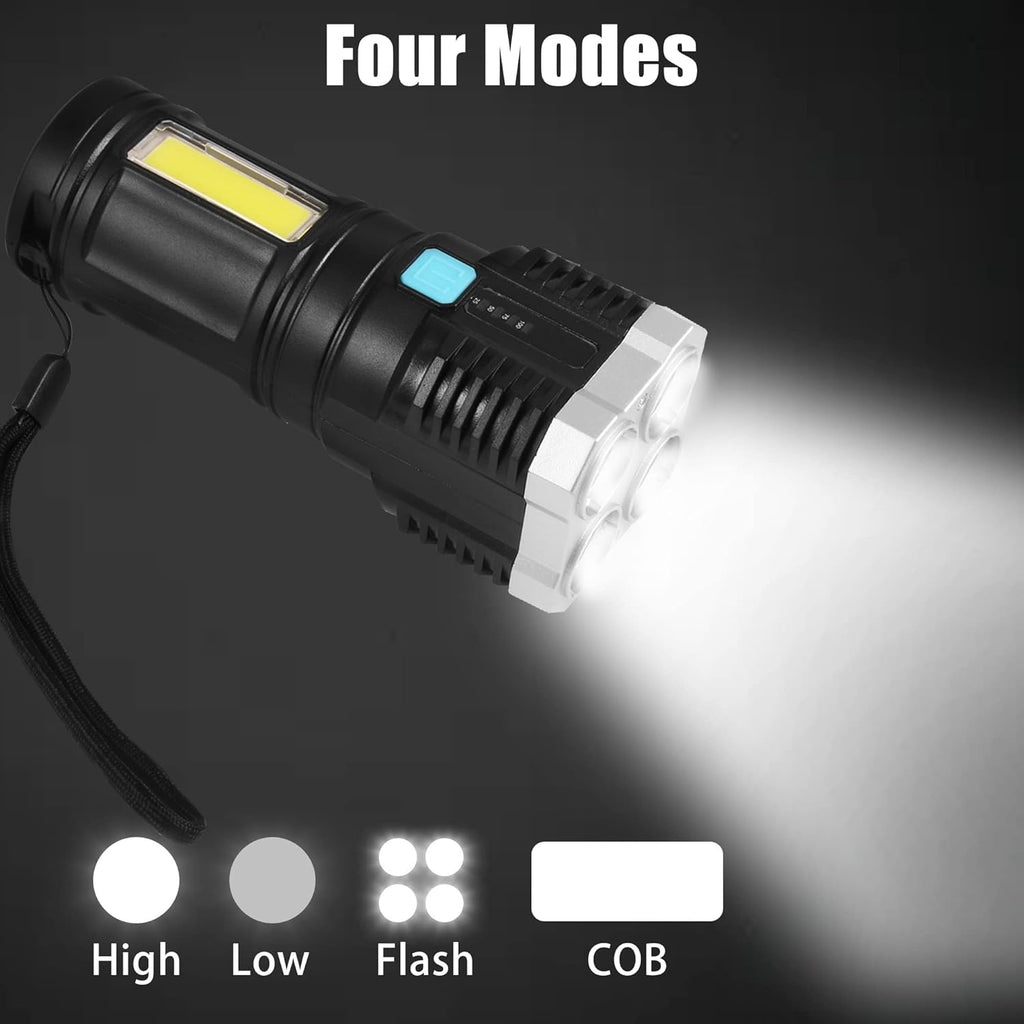 A black and silver flashlight illuminating a dark space, with icons showing four light modes: high, low, flash, and COB.