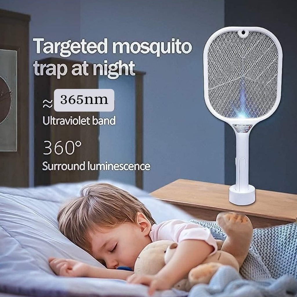 A white mosquito killer racket with a blue UV light stands on a nightstand beside a child sleeping soundly in bed.