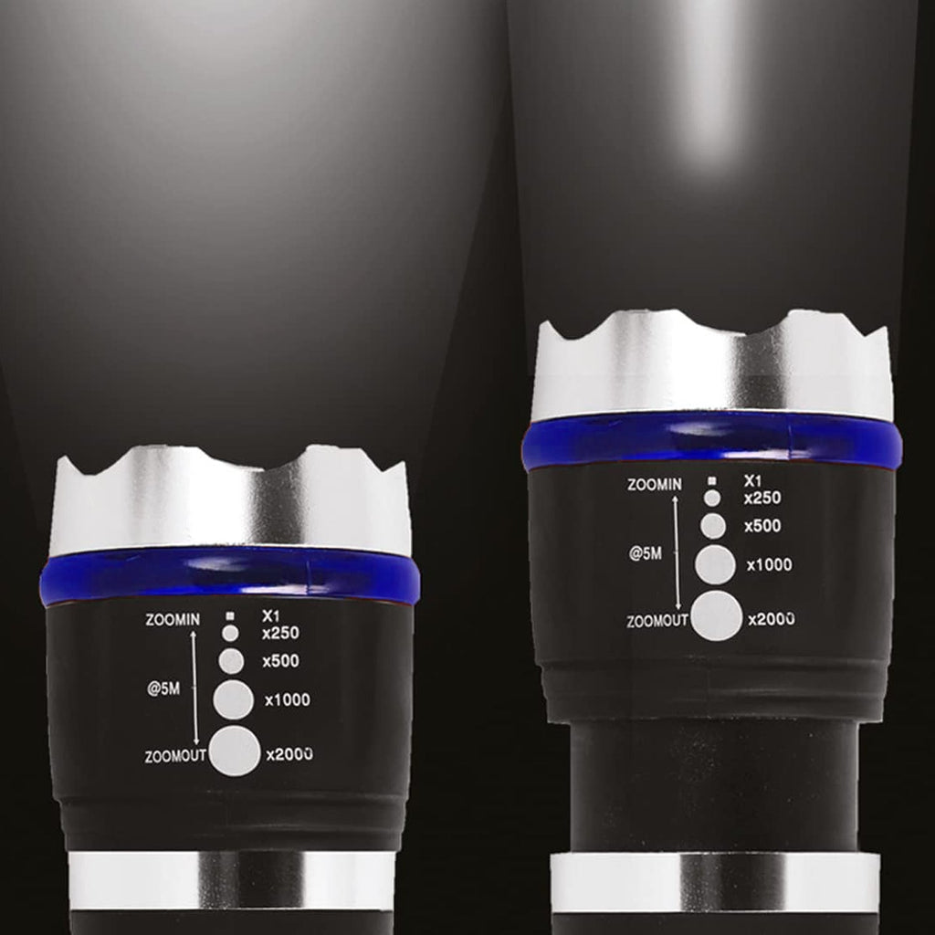 Two close-up views of the flashlight's head, showing the adjustable zoom settings with different beam widths on a dark