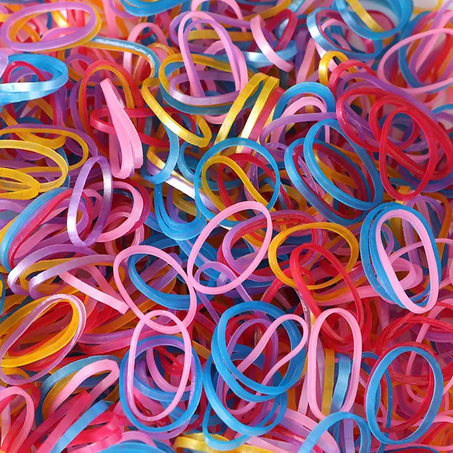 Assorted multicolor elastic rubber bands, 0.75 inch wide, for office and home organization.