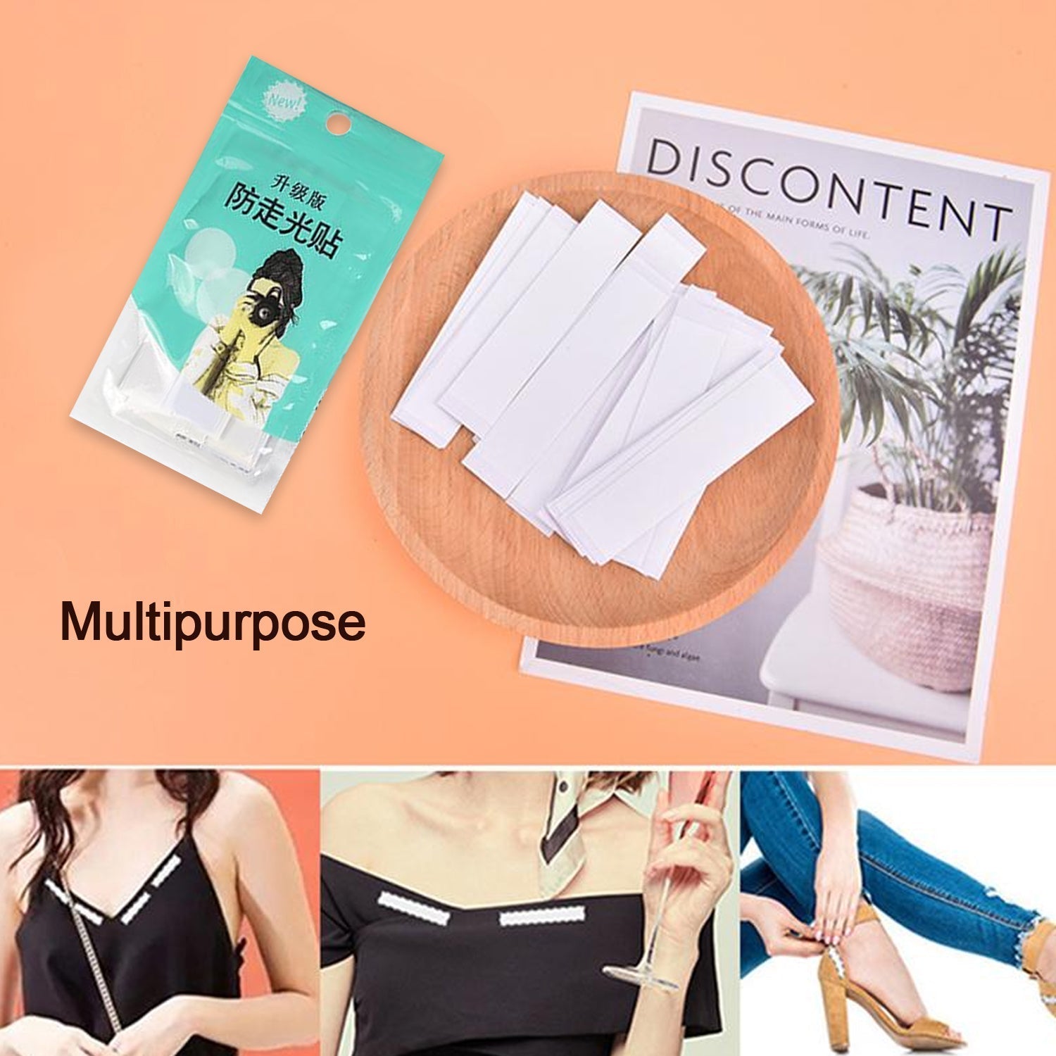 A woman confidently wearing an open-sided dress, secured by invisible body tape.
