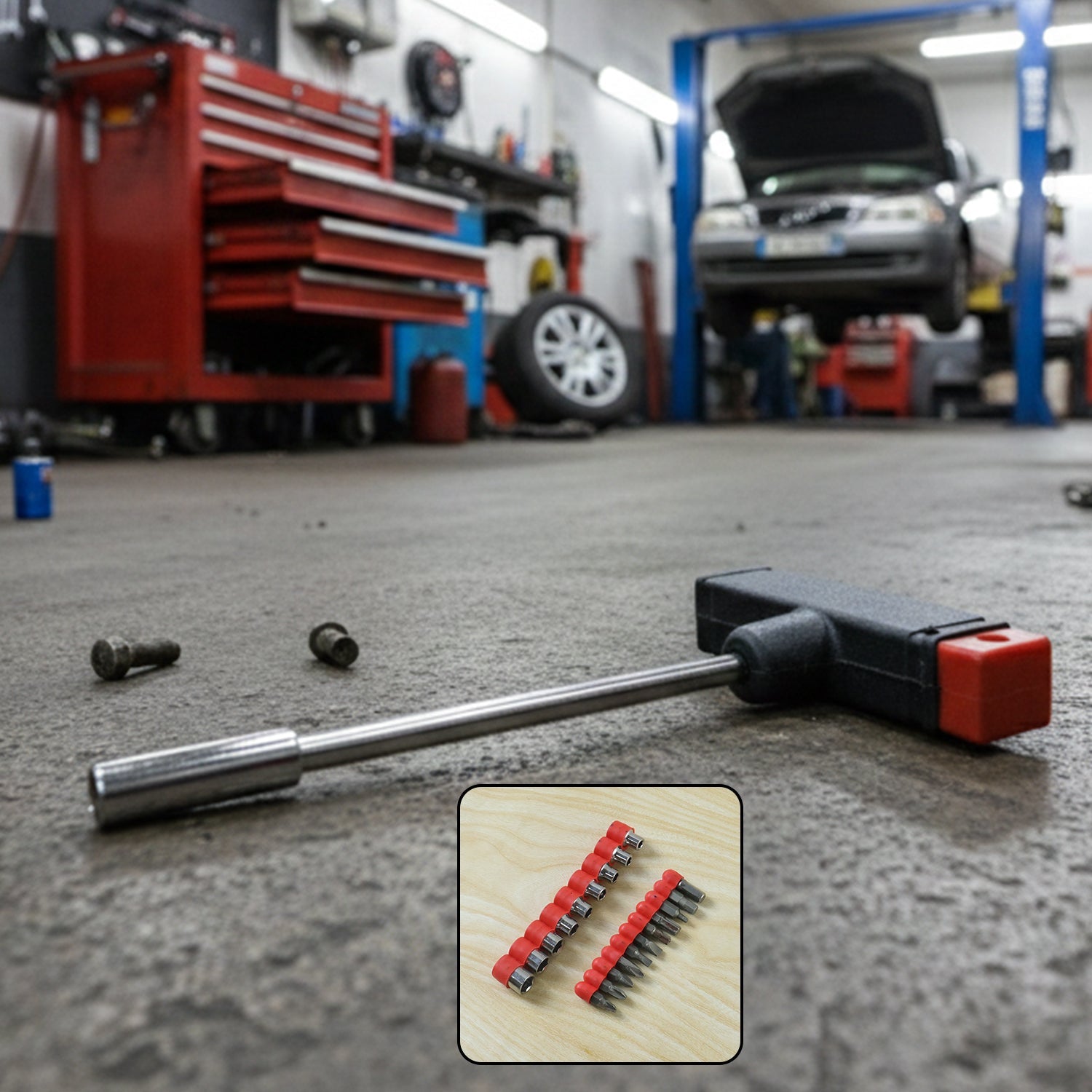 Compact tool kit featuring the T Handle screwdriver and various bits.
