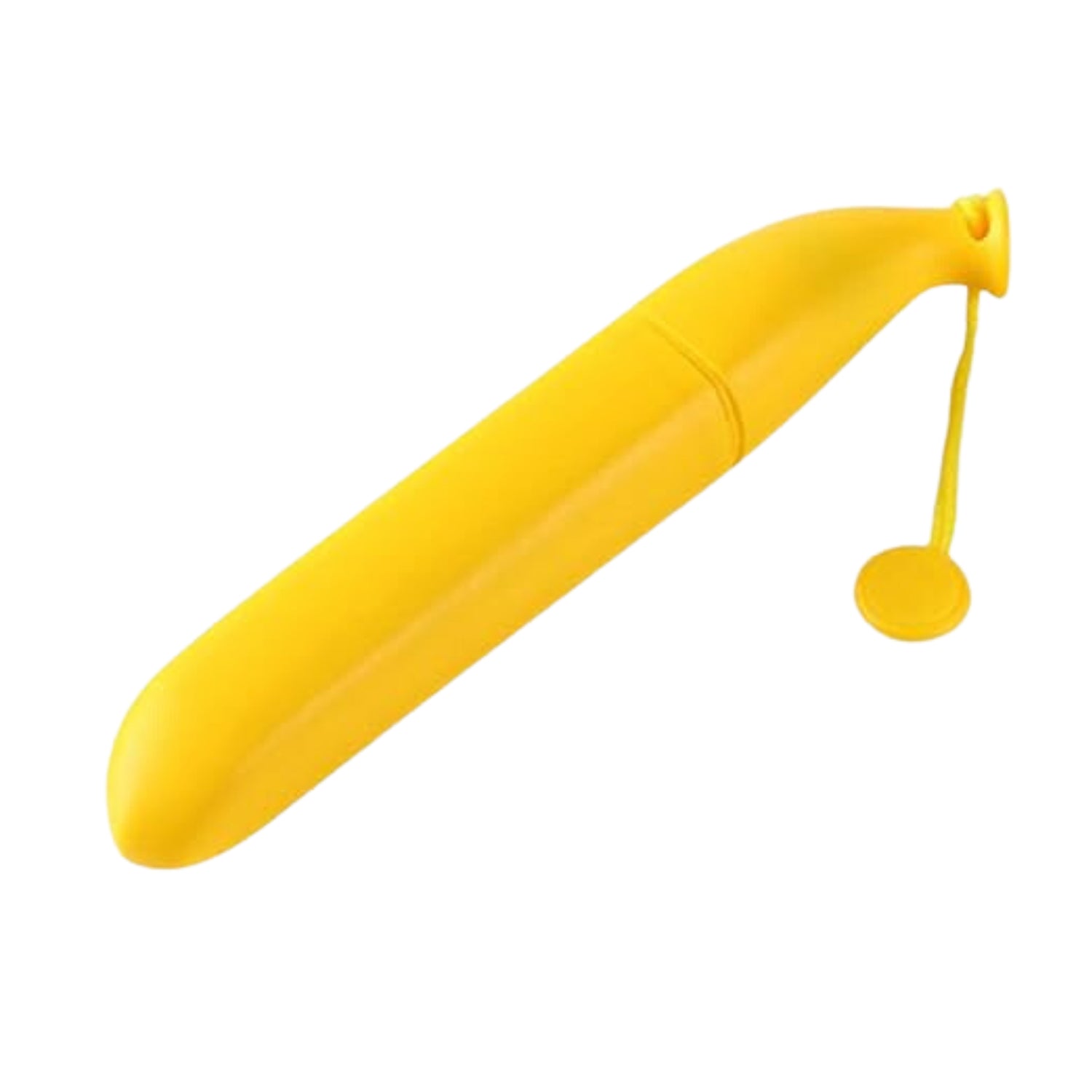 A yellow banana-shaped umbrella case with a small black loop and circular tab is shown on a white background.