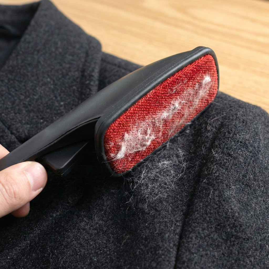 Close-up of lint remover double sided brush capturing dust and lint from clothes