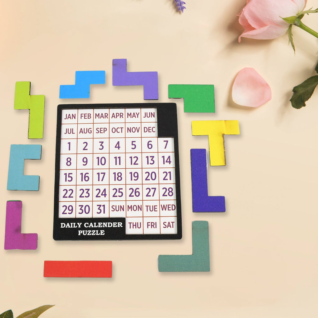 Multicolor Wooden Daily Calendar Puzzle displayed on a clean desktop, ready for a mind challenge.