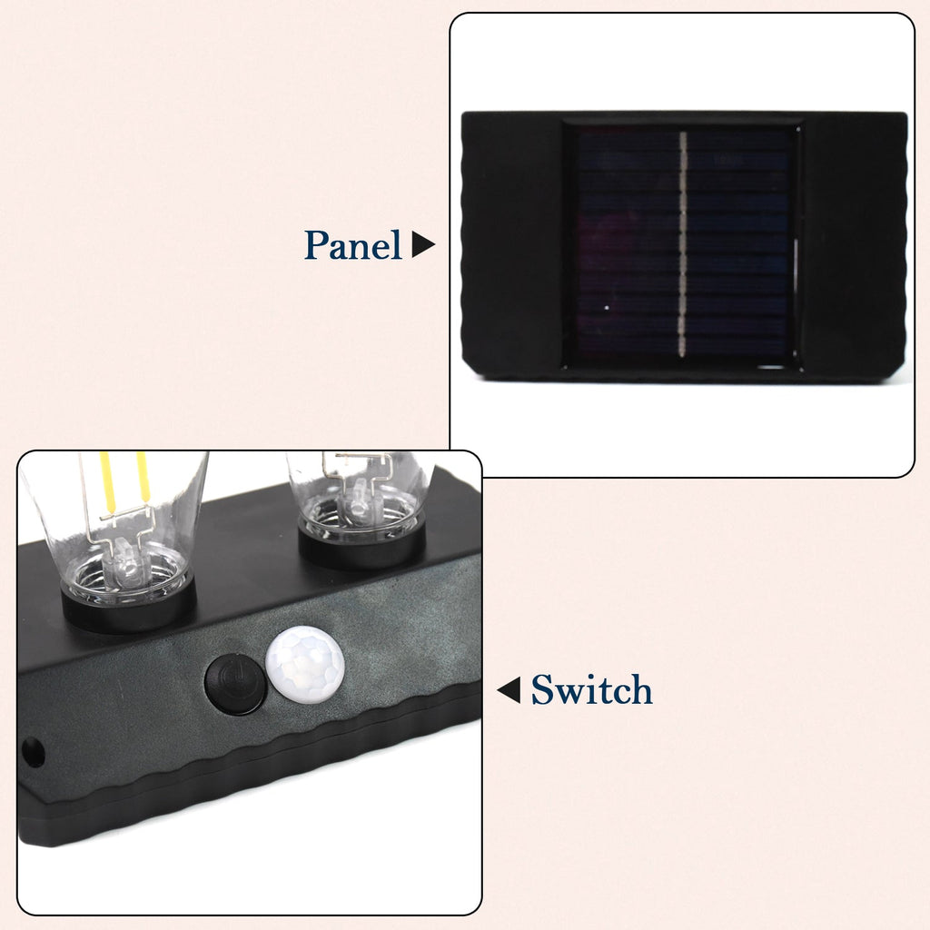 Solar LED Lamp mounted on an outdoor wall, casting a warm glow.