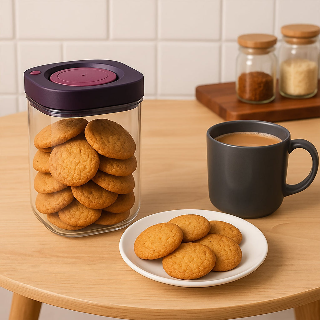 Square-round kitchen containers with easy-lock lids for snacks and pulses