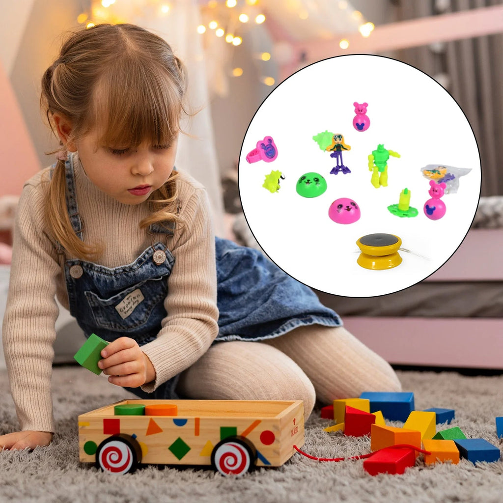 Assorted plastic toys neatly packed in a transparent pouch.