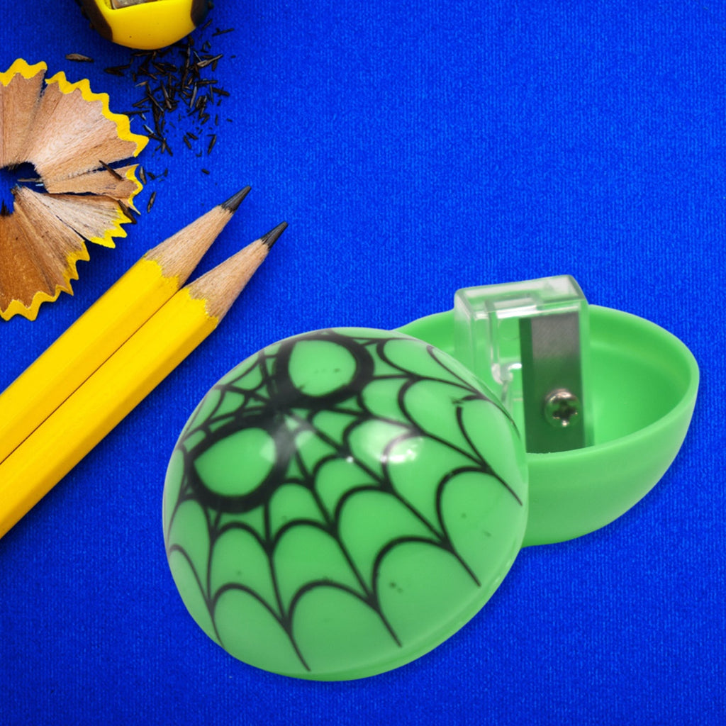 Colourful round pencil sharpener featuring cute cartoon patterns for children.