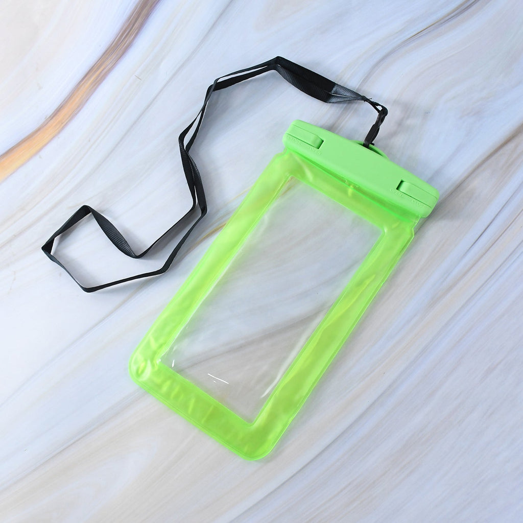 A translucent green empty phone pouch with a black lanyard lies on a white marble-patterned surface.