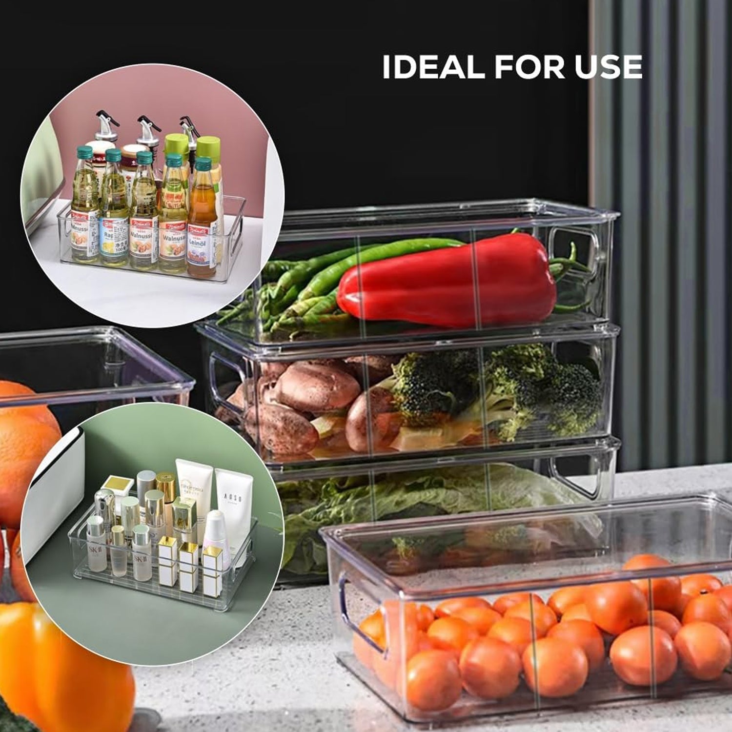 Refrigerator organizer bin filled with colorful fresh fruits and vegetables.