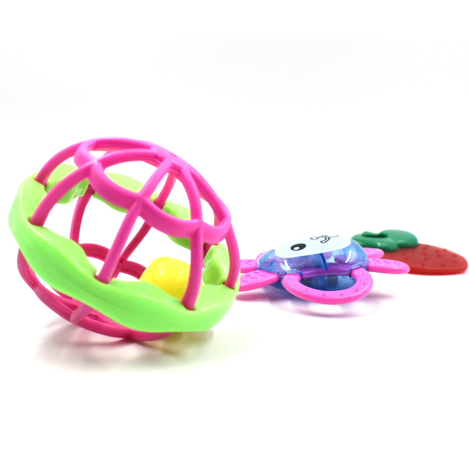 Assorted baby rattles set featuring bright colors and diverse shapes for engaging infant play.
