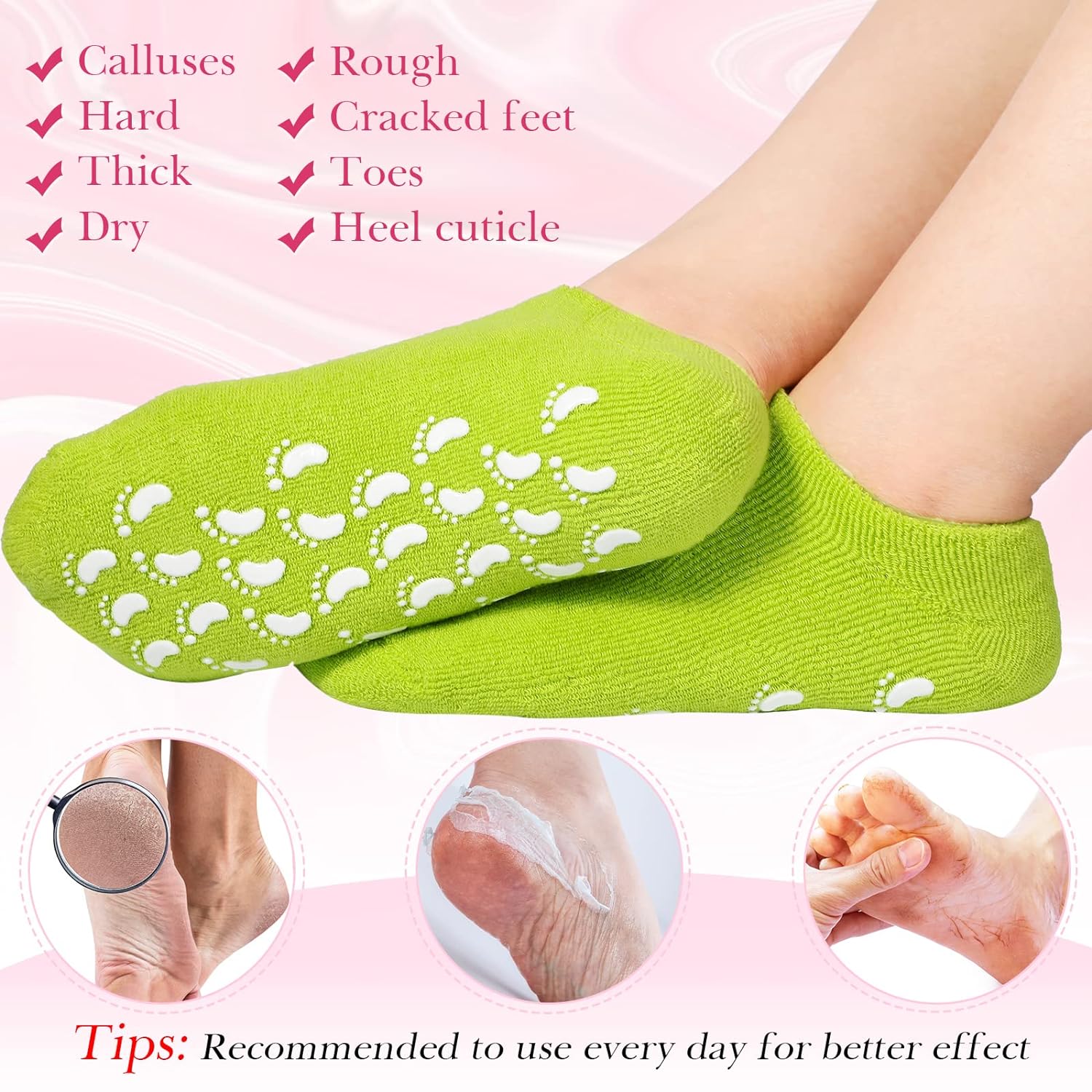 Soft foot care socks providing a spa-like treatment for rough skin.