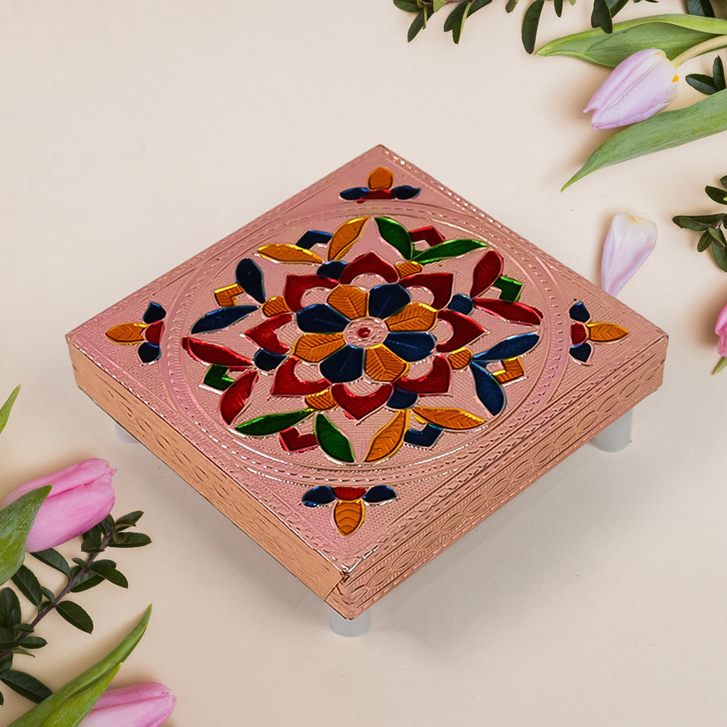 Square-shaped wooden bajot with detailed Meenakari artwork for puja rituals.