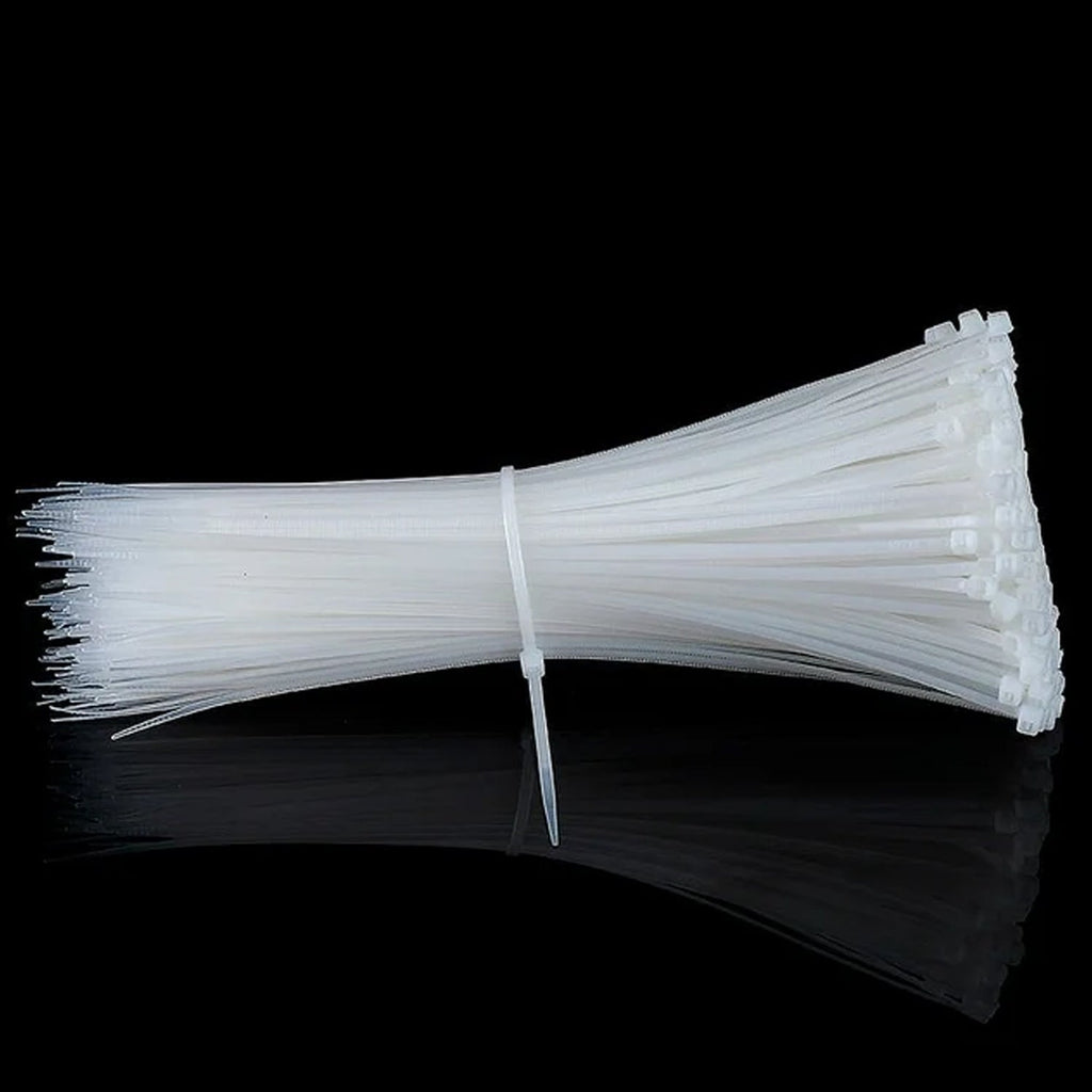 Detail view of the self-locking mechanism on a strong nylon cable tie.