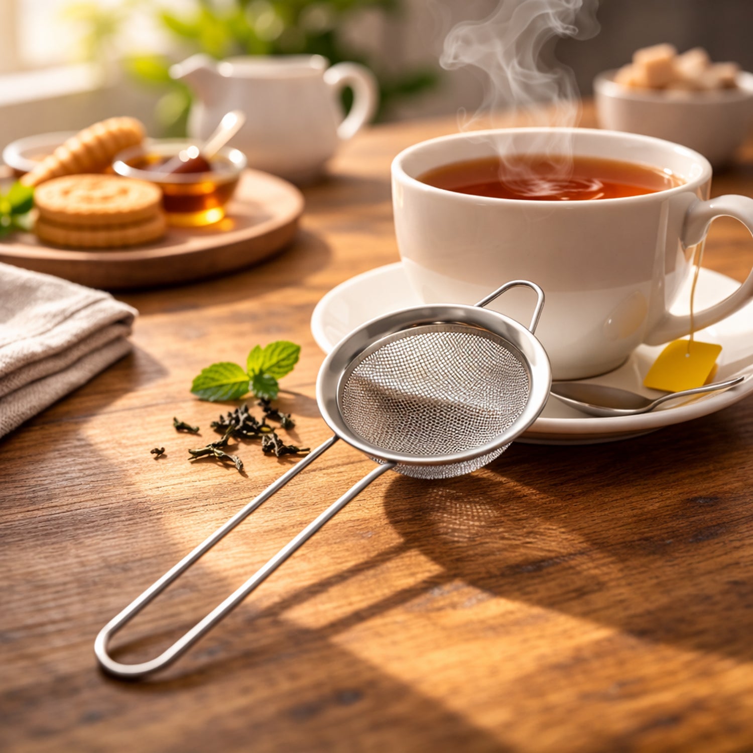 Fine mesh of stainless steel tea strainer ready for use