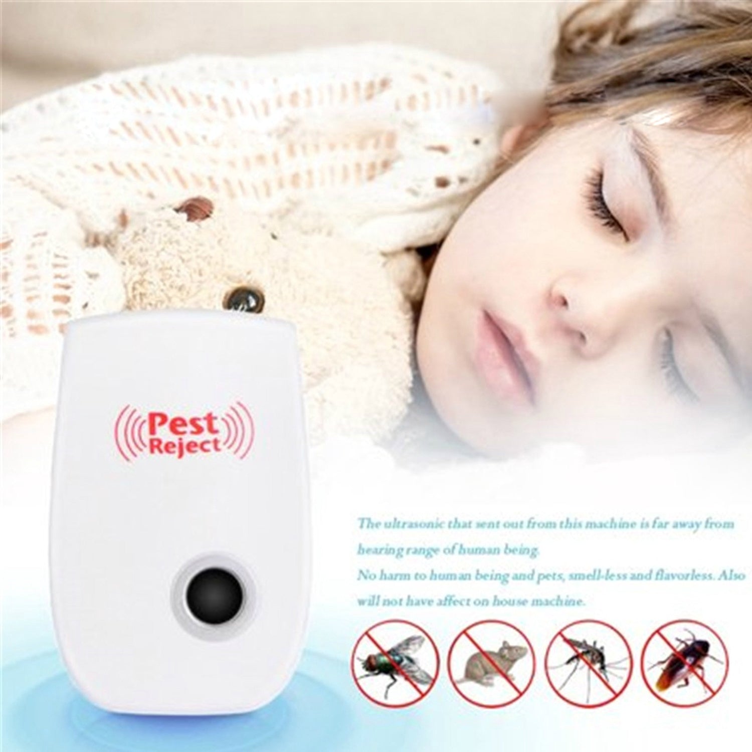 A white pest repeller is in the foreground, with a young child sleeping peacefully in the background.