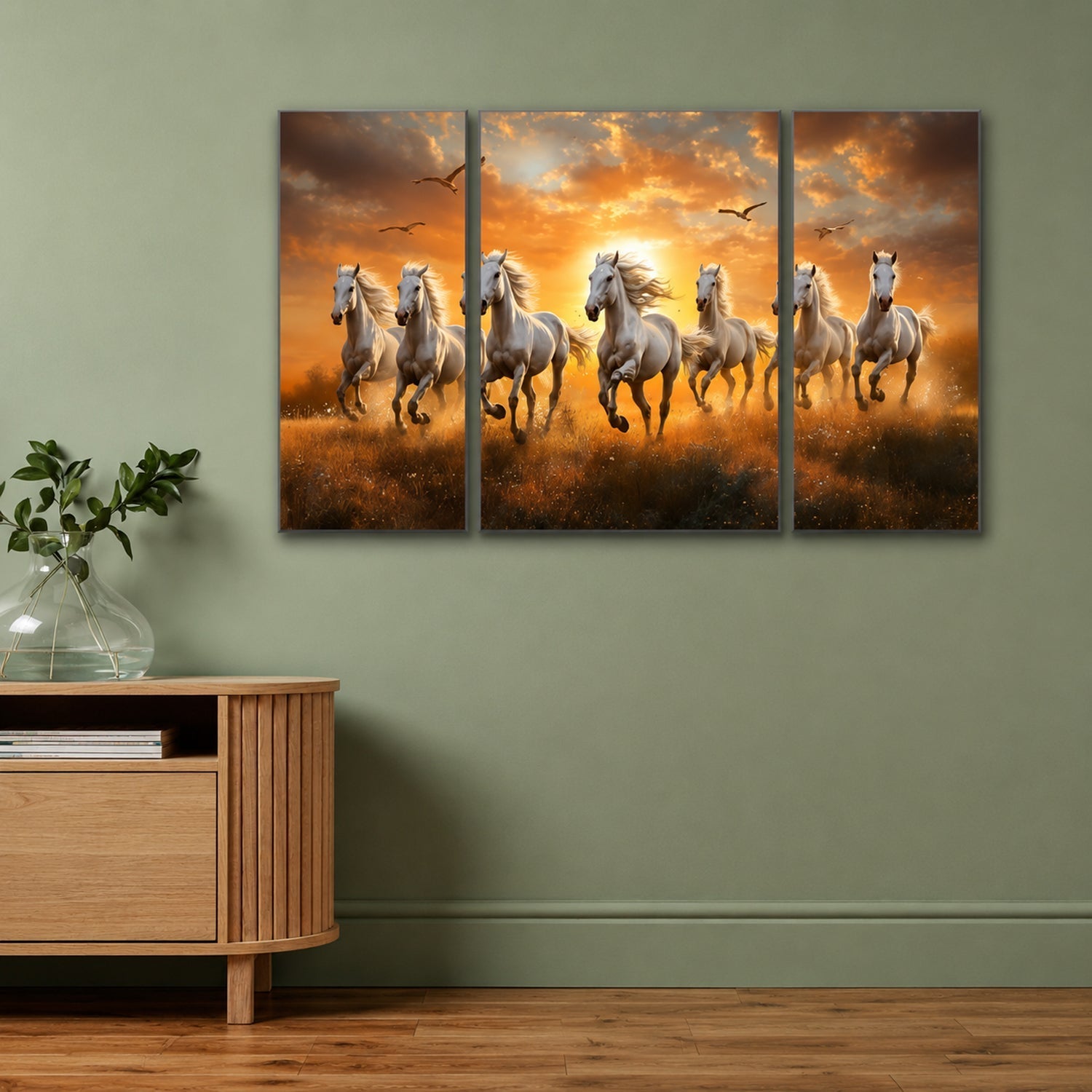 Stylish 3-panel horses sunset MDF wall art for natural decor