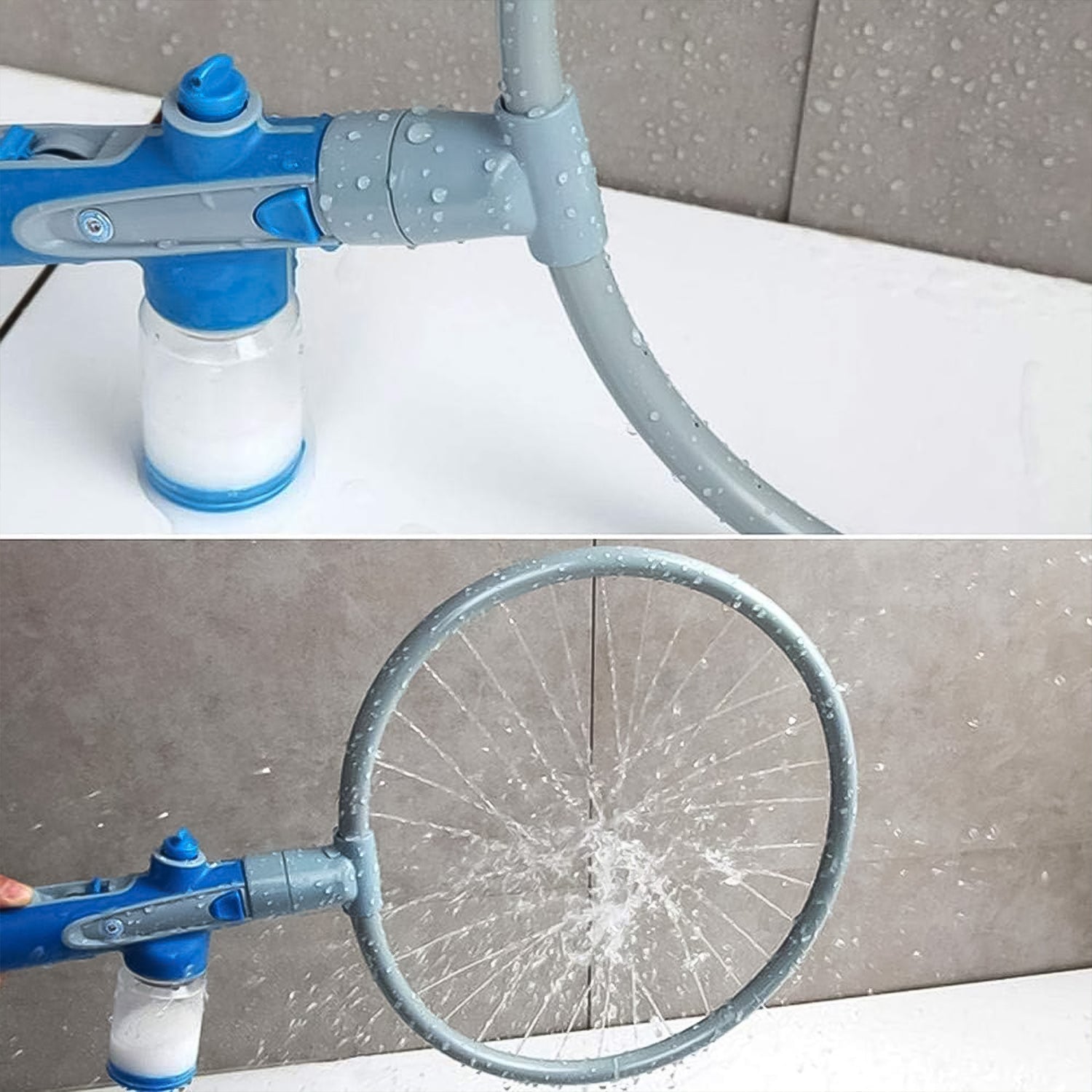Pet Shower Sprayer connected to a hose, ready for indoor or outdoor pet bathing.