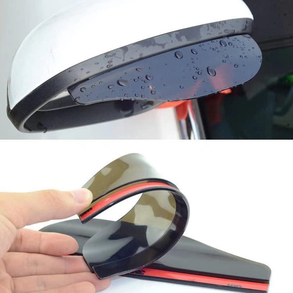 A white car's side mirror with a dark grey rain protector covered in water droplets.