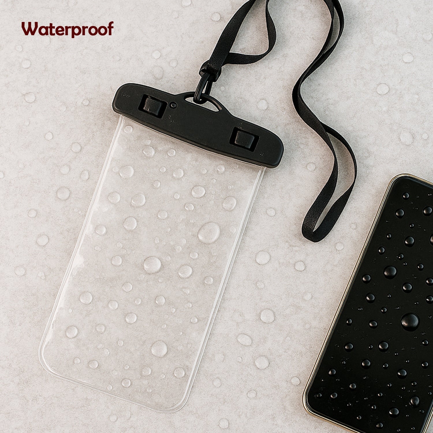 A clear mobile pouch and a phone covered in water droplets, with a black neck strap and a red droplet logo on the pouch.