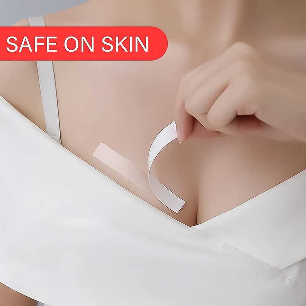 Woman applying anti-skid transparent fashion tape for a perfect fit.