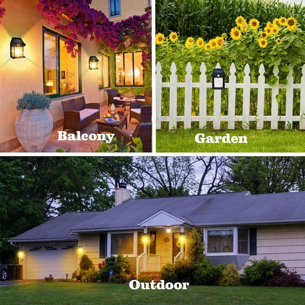 Three scenes show solar lamps: on a balcony wall with purple flowers, on a white picket fence, and illuminating a house