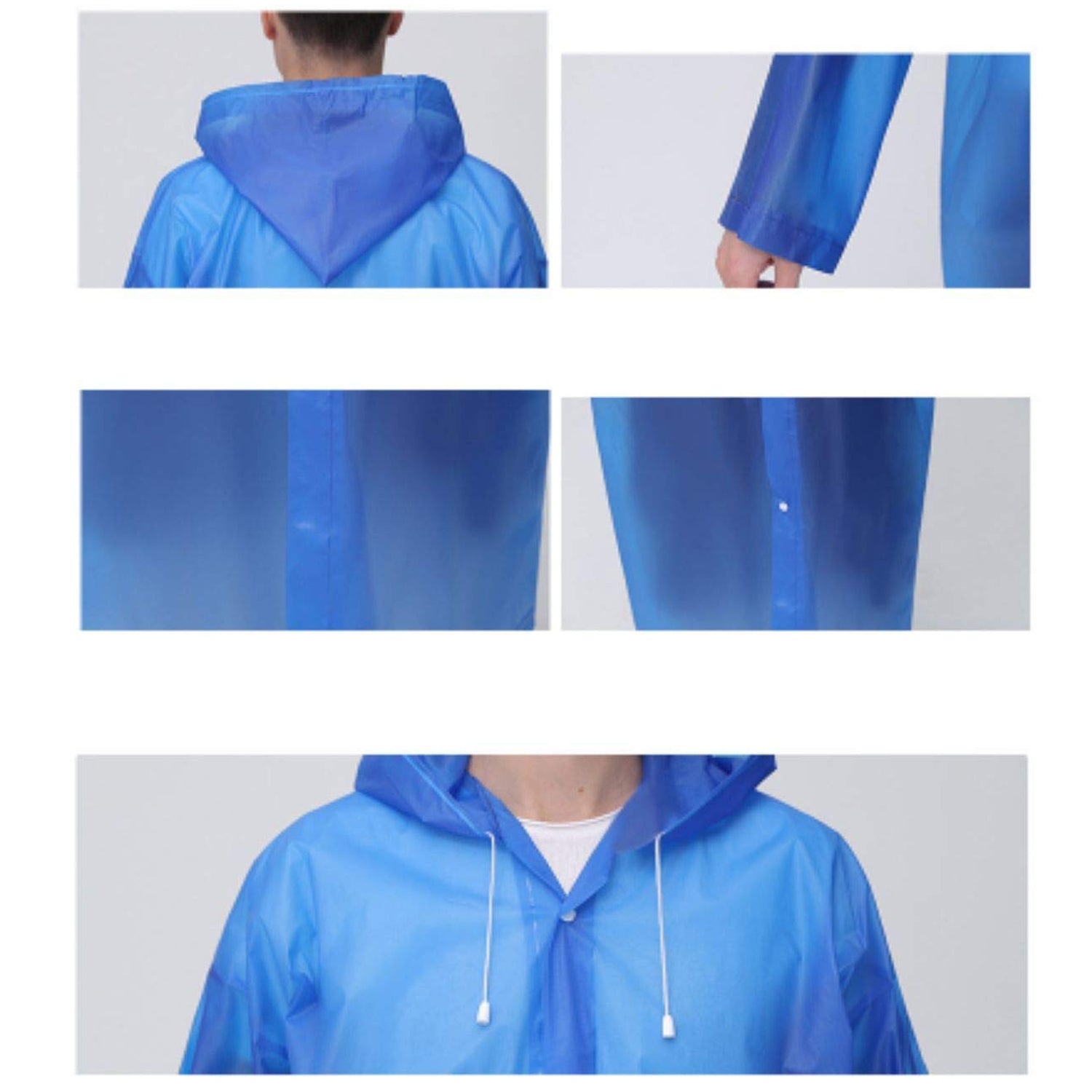 Close-up shots of a blue translucent rain jacket, showing the hood, sleeve, side seam, and front snaps.