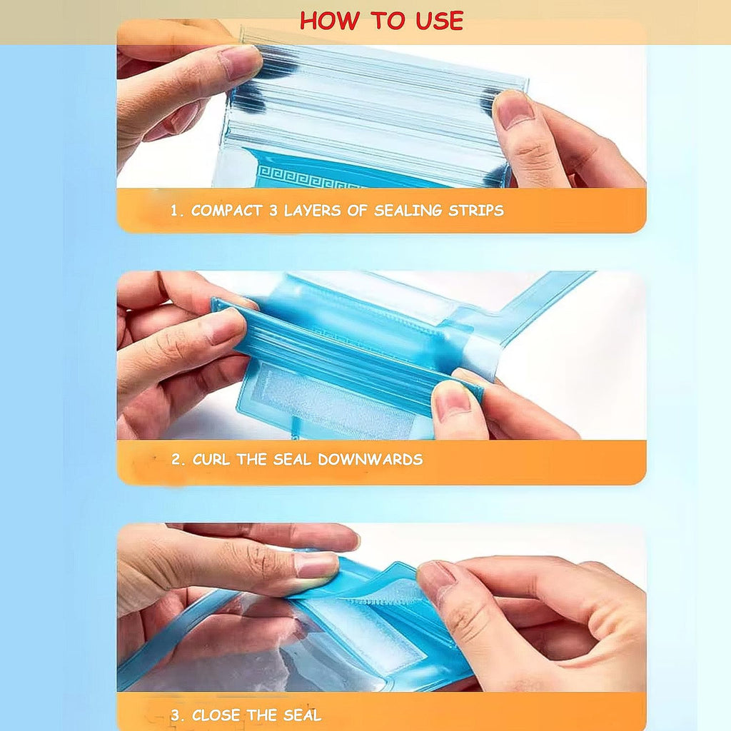 Three close-up images illustrate how to seal a blue waterproof pouch by compacting, curling, and closing its sealing strips.