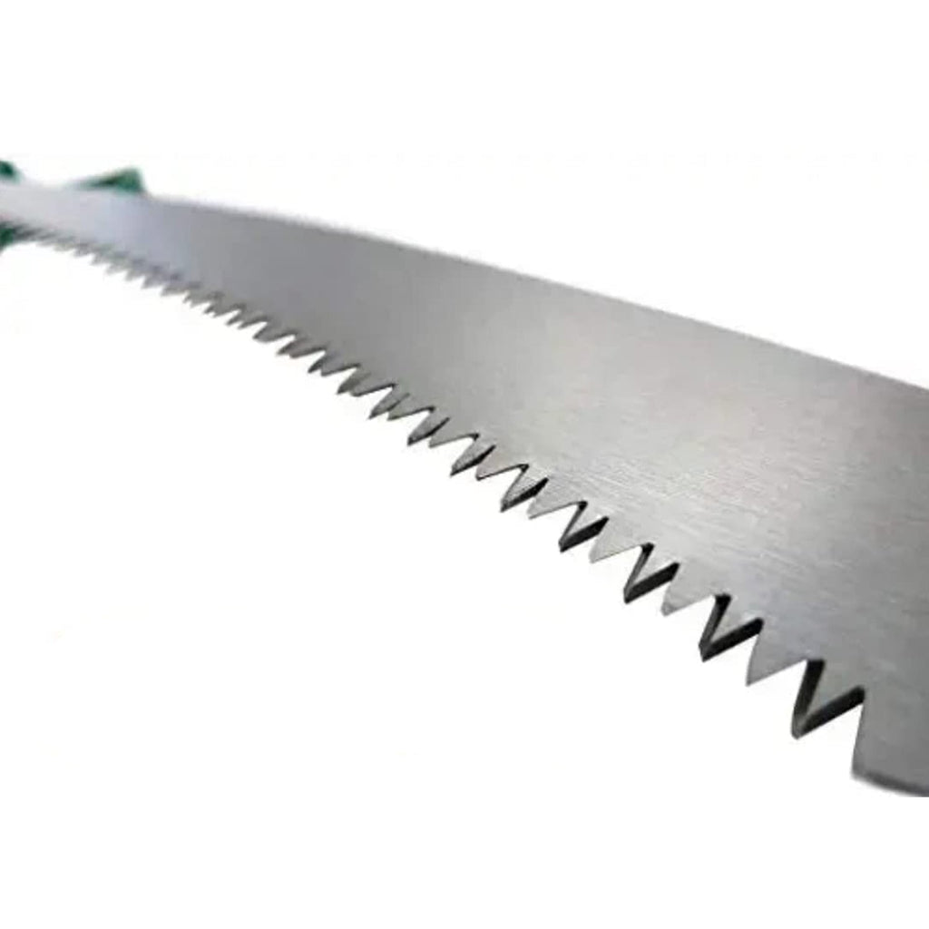 Close-up of the ergonomic PVC grip on the portable hand saw.