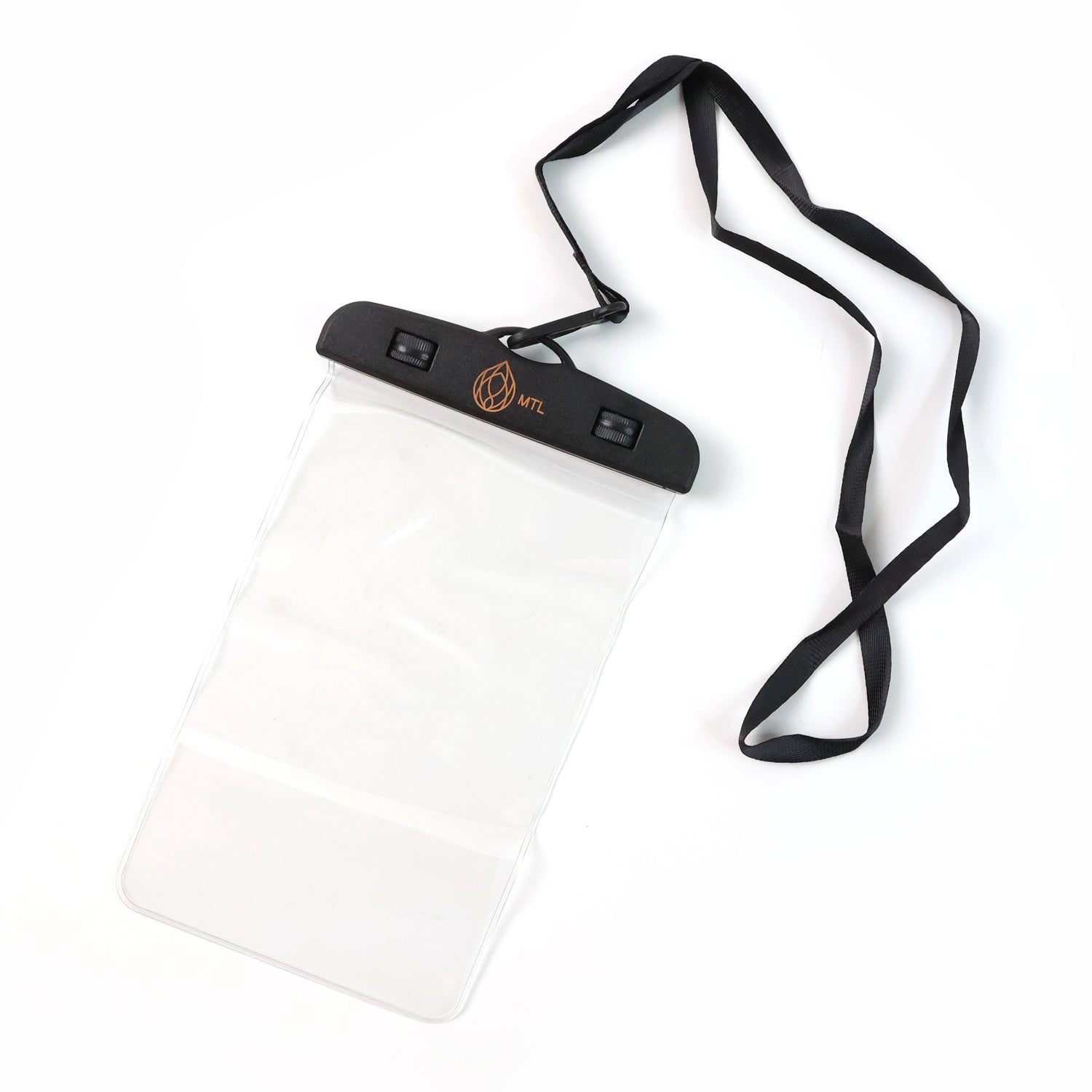 A transparent mobile pouch with a black neck strap and a gold