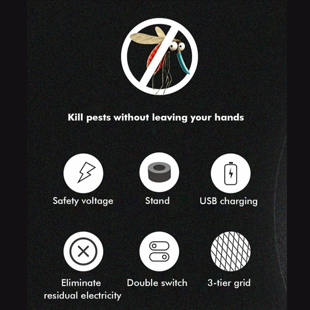 A black background with a 'no mosquito' icon and six feature icons: safety voltage, stand, USB charging, eliminate