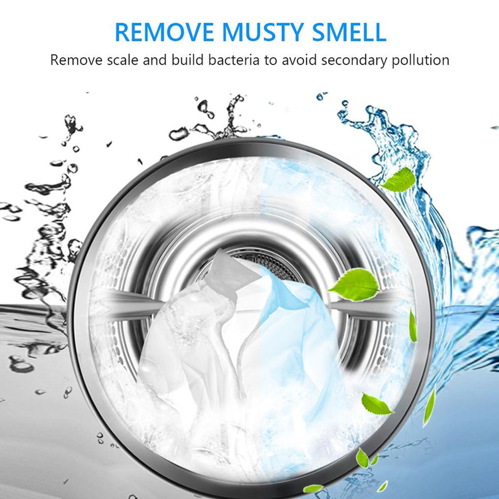 Stain cleaner powder being poured into a washing machine tank.